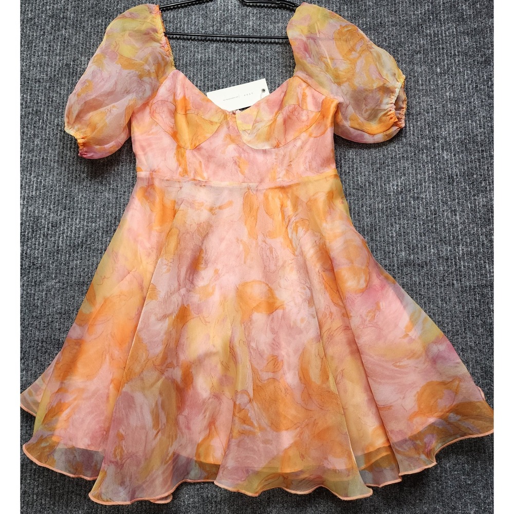 LUSH pink/orange watercolor floral puffsleeve minidress Sweetheart Neck Small